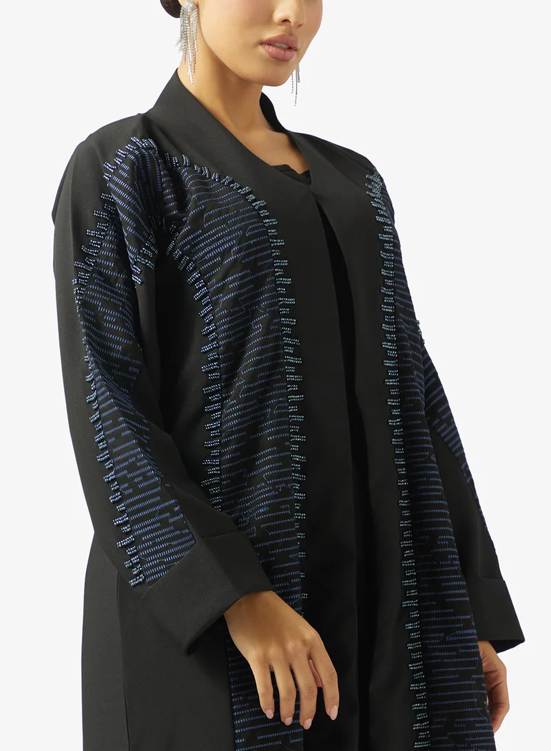 hayas closet  Floral Embroidered And Embellished Open Front Round Neck Abaya for Women | Best Price UAE